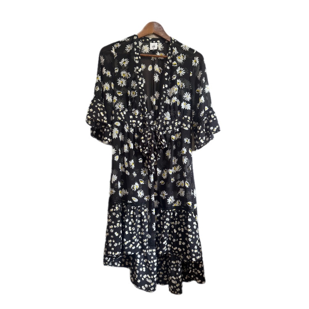 Cabi Daisy Floral Tiered Dress Women XS Black White Ruffle Bell Sleeve Excellent